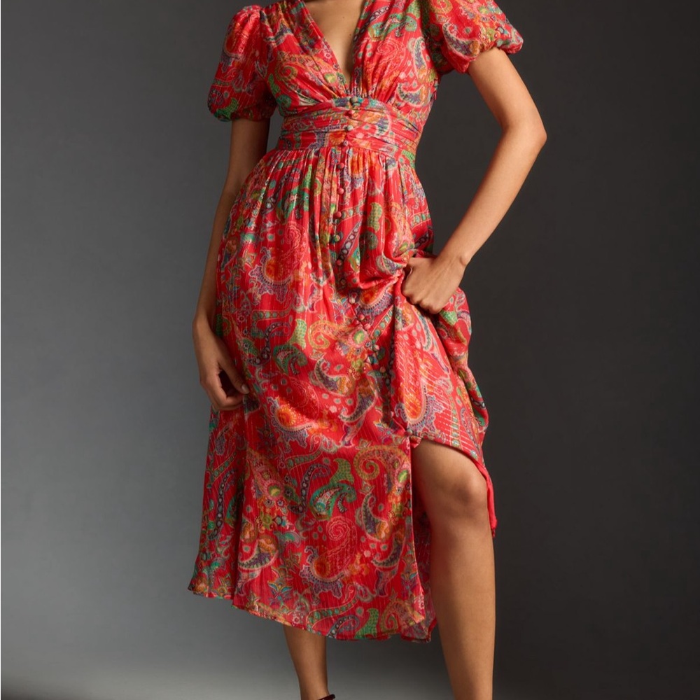 Anthropologie Red Midi Dress with Puff Sleeves and Plunge Neckline